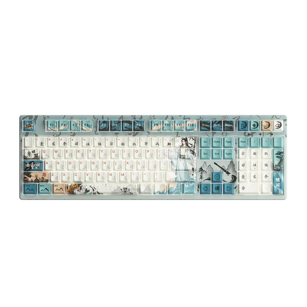 Keyboard with artistic keycaps on a white background