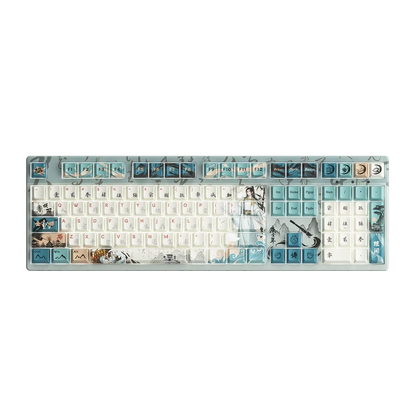 Keyboard with artistic keycaps on a white background