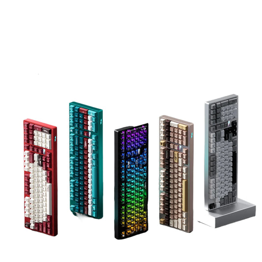 Set of colorful mechanical keyboards on a white background