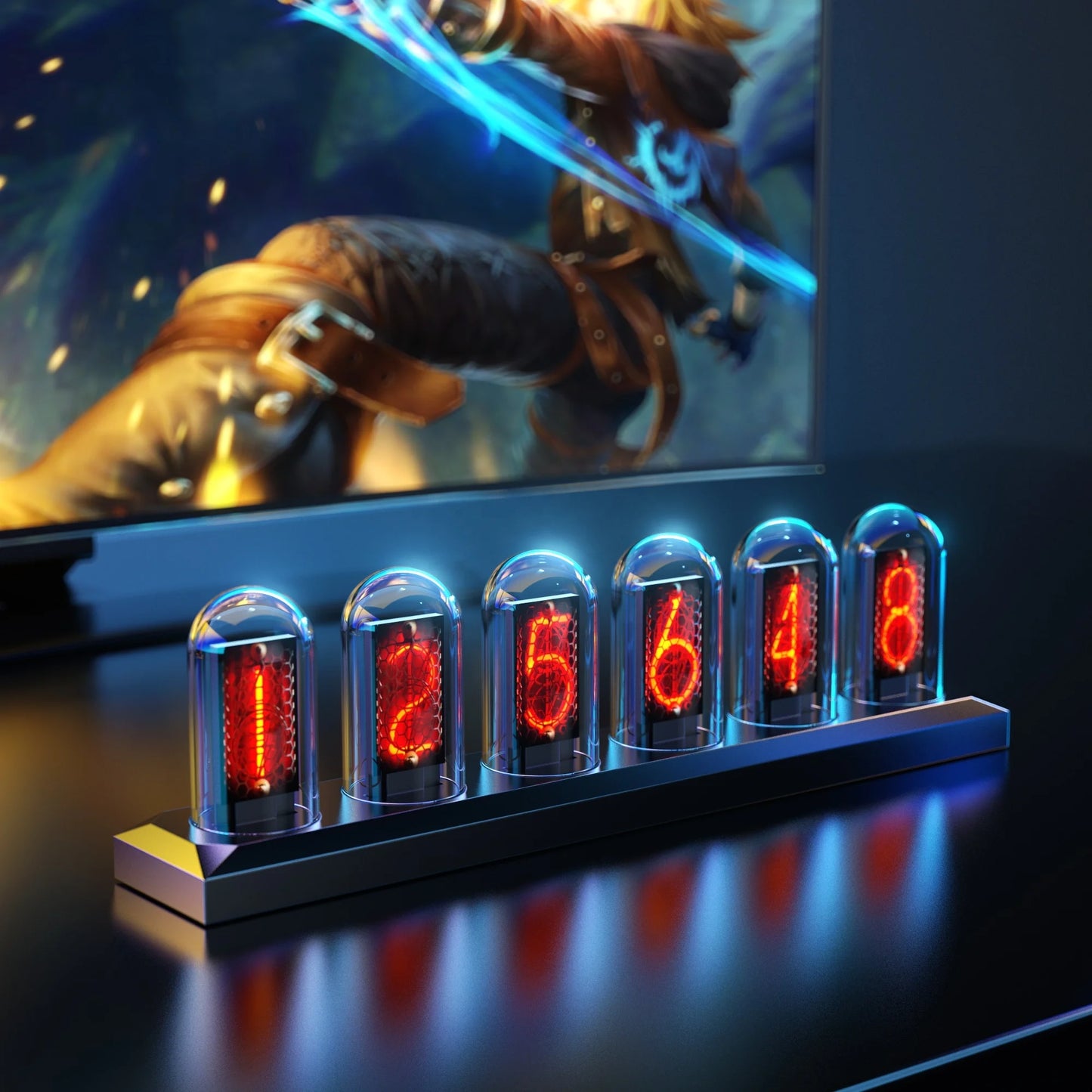 Digital clock with glowing red numbers in front of a blurred screen