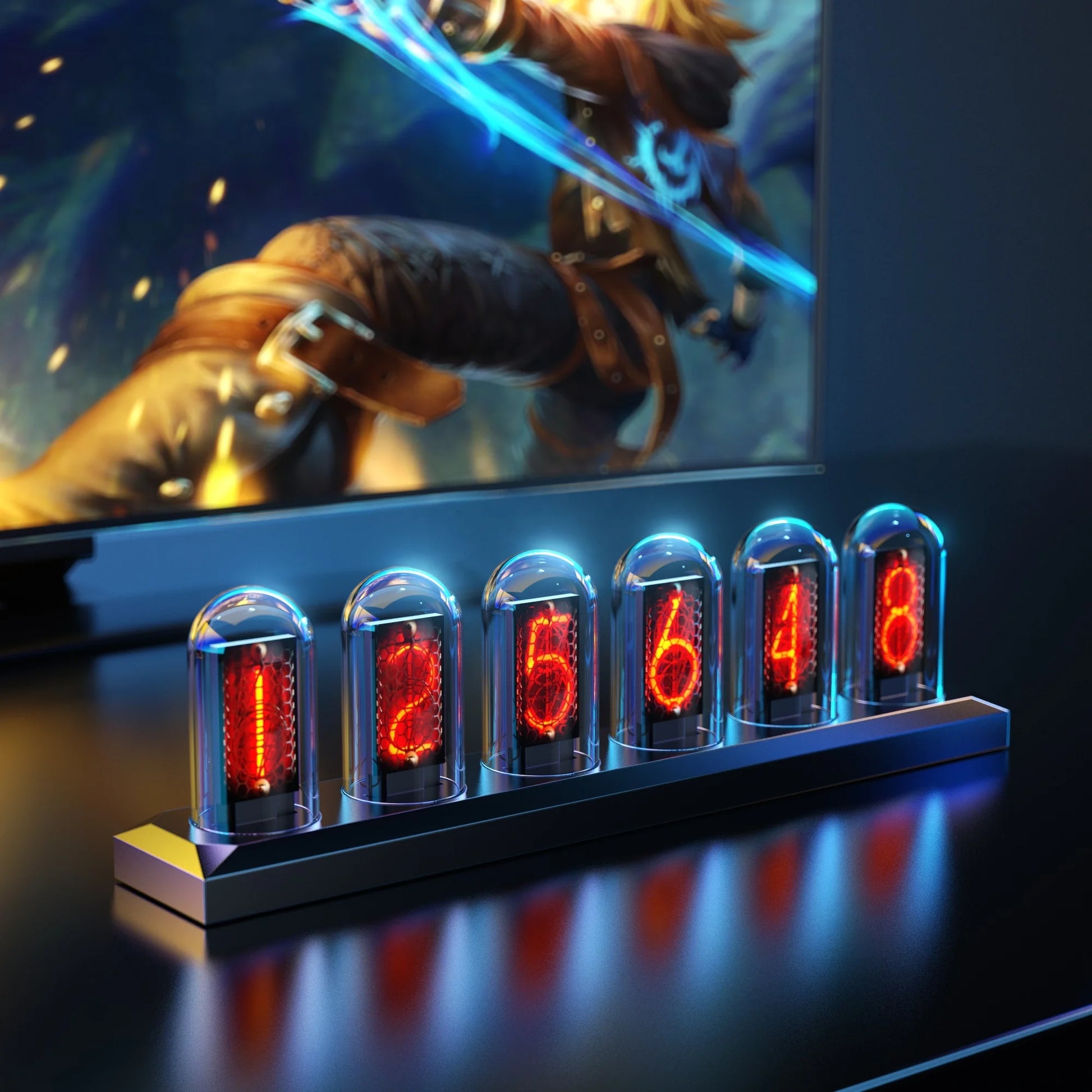 Digital clock with glowing red numbers in front of a blurred screen
