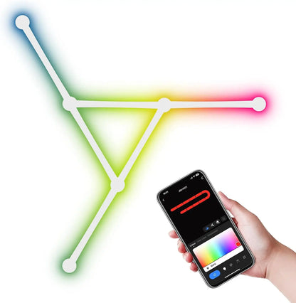 Colorful light display with smartphone app control on a white background
