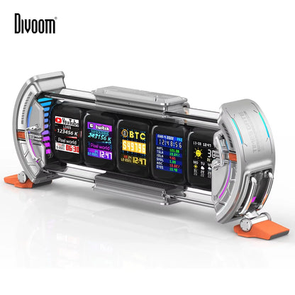 Multifunctional electronic device with digital displays on a white background, featuring the brand 'Divoom'.