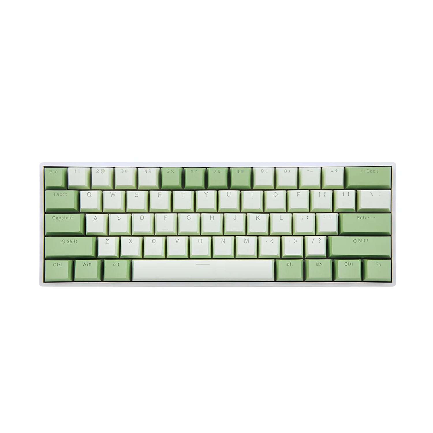 Partial mechanical keyboard with green and white keys on a white background