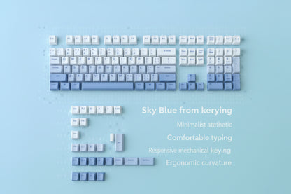 Keyboard with blue and white color scheme on a light blue background