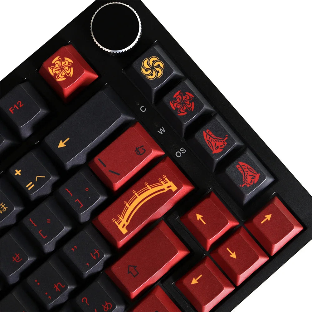 Close-up of a mechanical keyboard with red and black keys on a white background