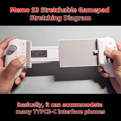 Memo S3 Stretchable Gamepad stretching diagram with hands holding the gamepad.