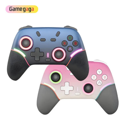 Two gaming controllers, one blue and black, one pink and gray, on a white background with Gamegaga logo.