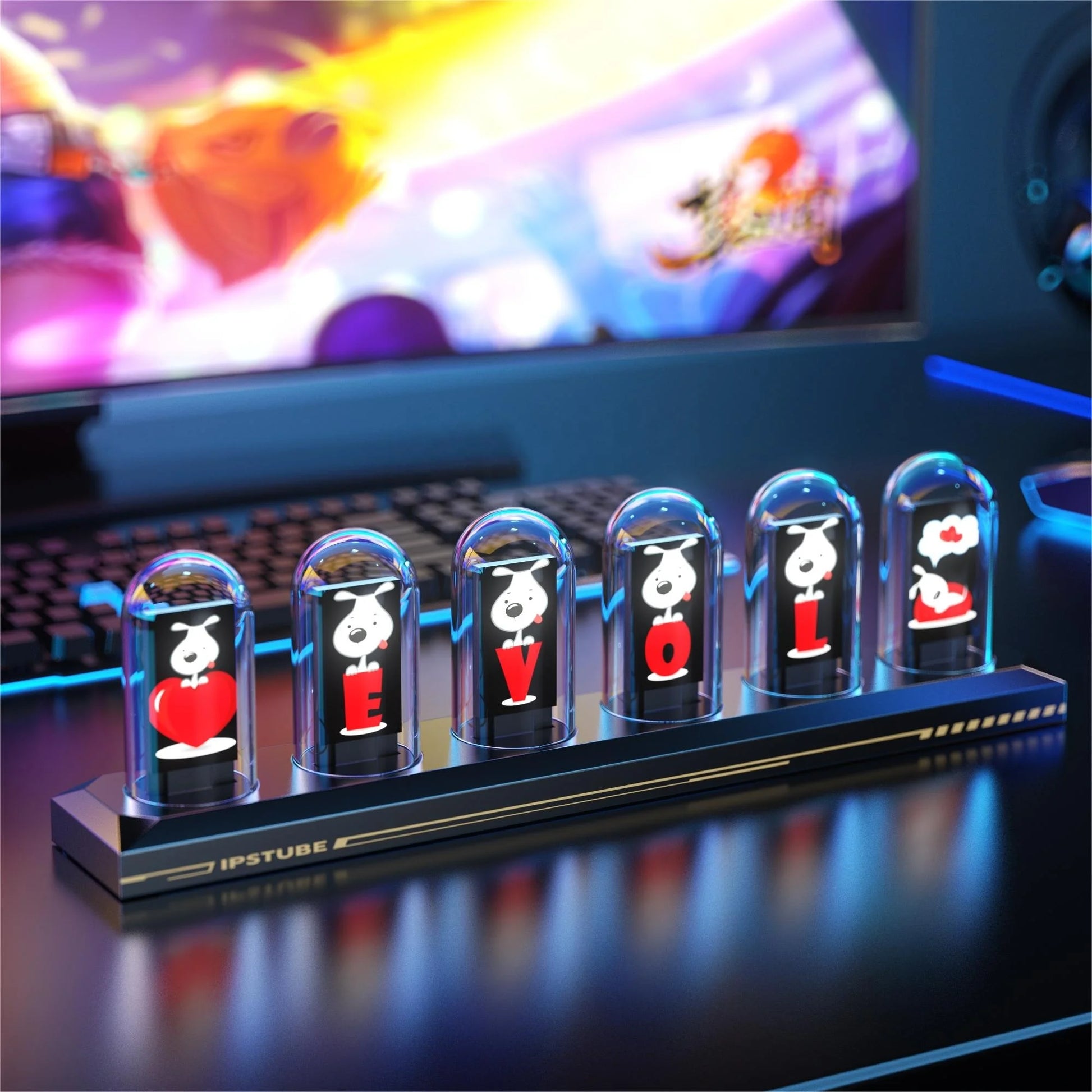 Decorative LED strip with cartoon characters in front of a computer screen