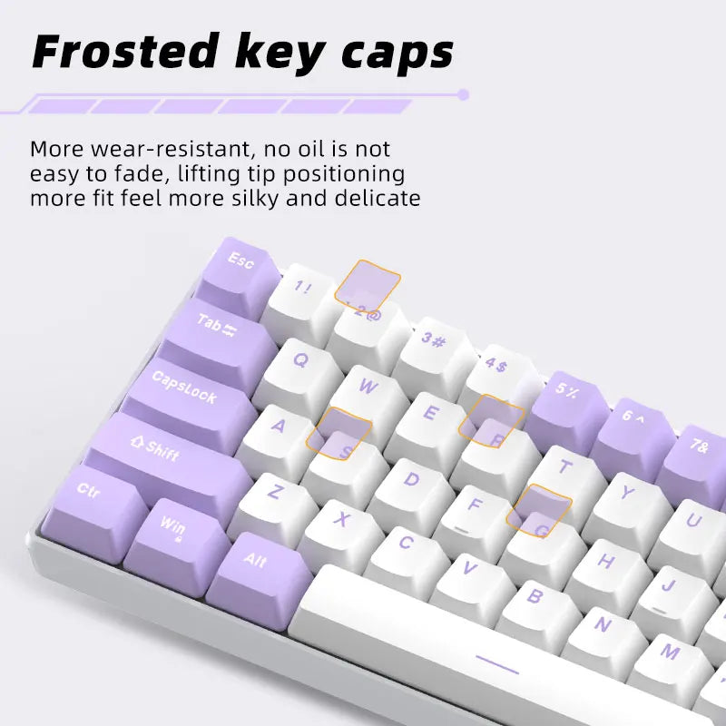 Keyboard with purple keycaps on a white background, featuring text about frosted keycaps.