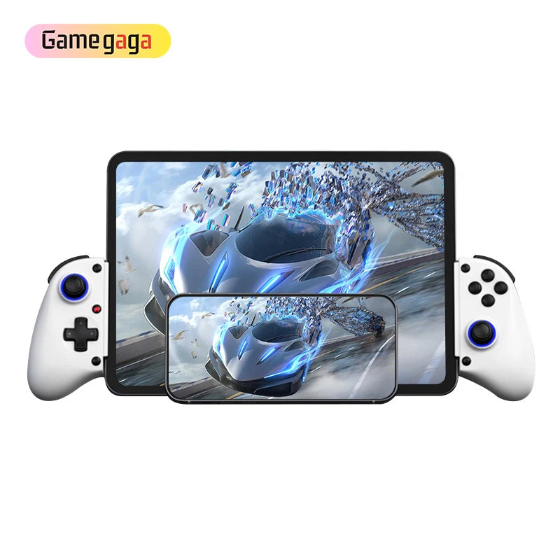 Gaming device with two controllers displaying a racing game on a screen, branded 'Gamegaga'.