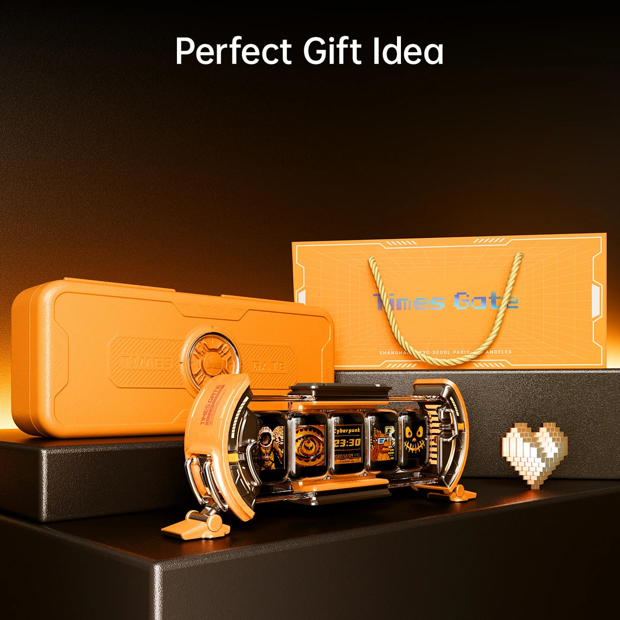 Decorative clock with a gift box labeled 'Times Gate' on a dark background