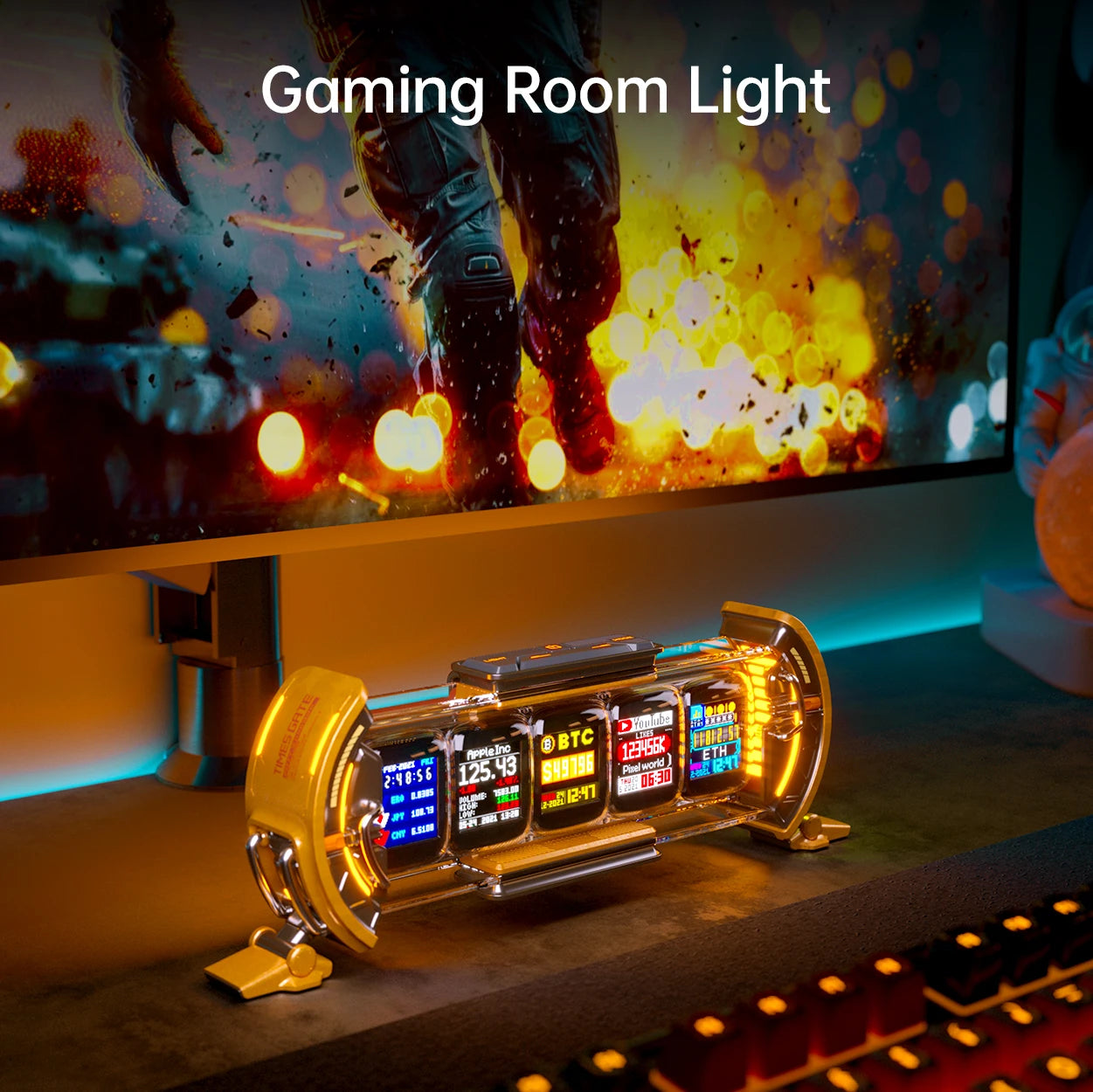 Gaming room light with digital displays in front of a TV screen