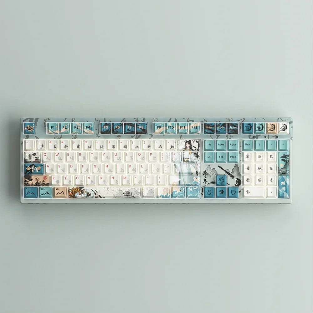 Keyboard with artistic keycaps on a light gray background