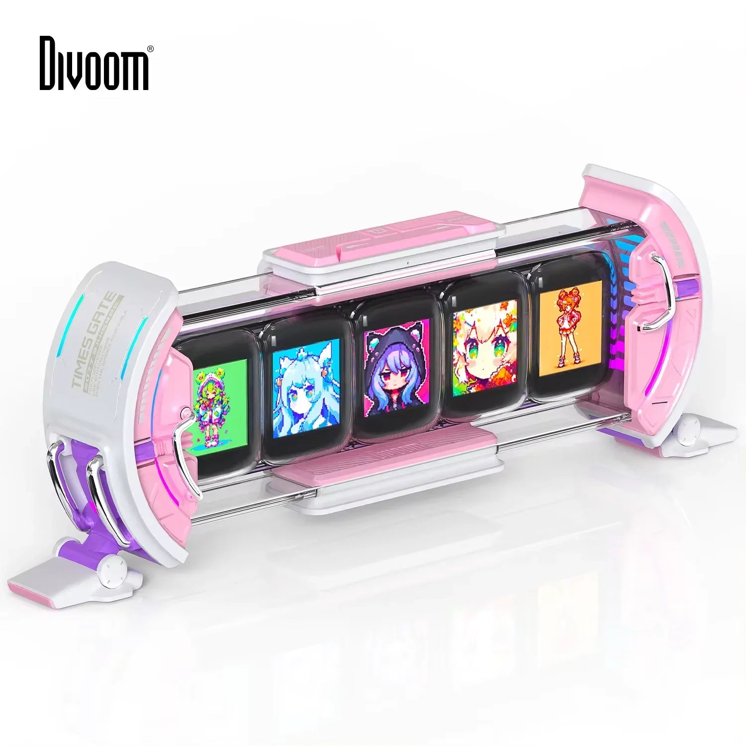 Divoom device with multiple screens displaying colorful graphics on a white background