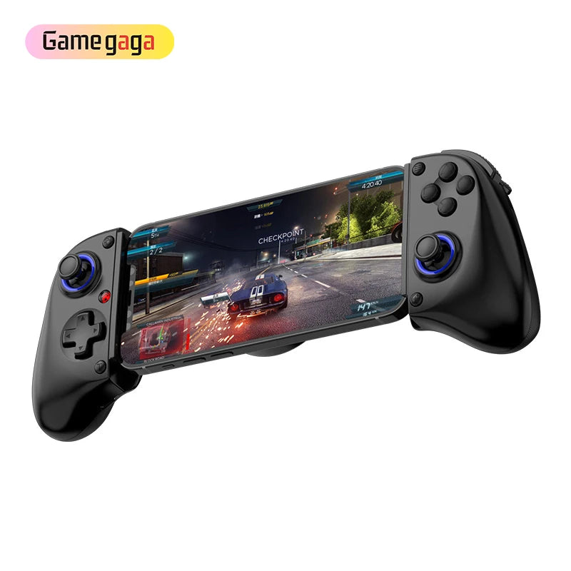 Gaming controller attached to a smartphone displaying a racing game, with 'Gamegaga' logo above.
