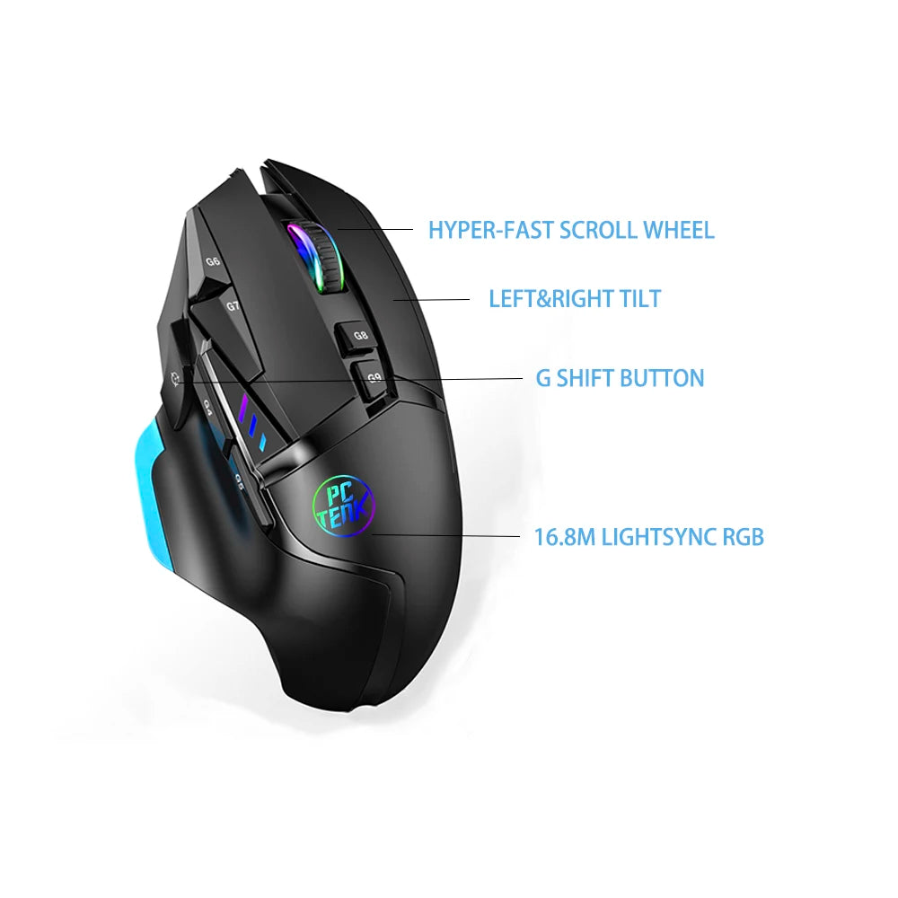 Gaming mouse with labeled features on a white background