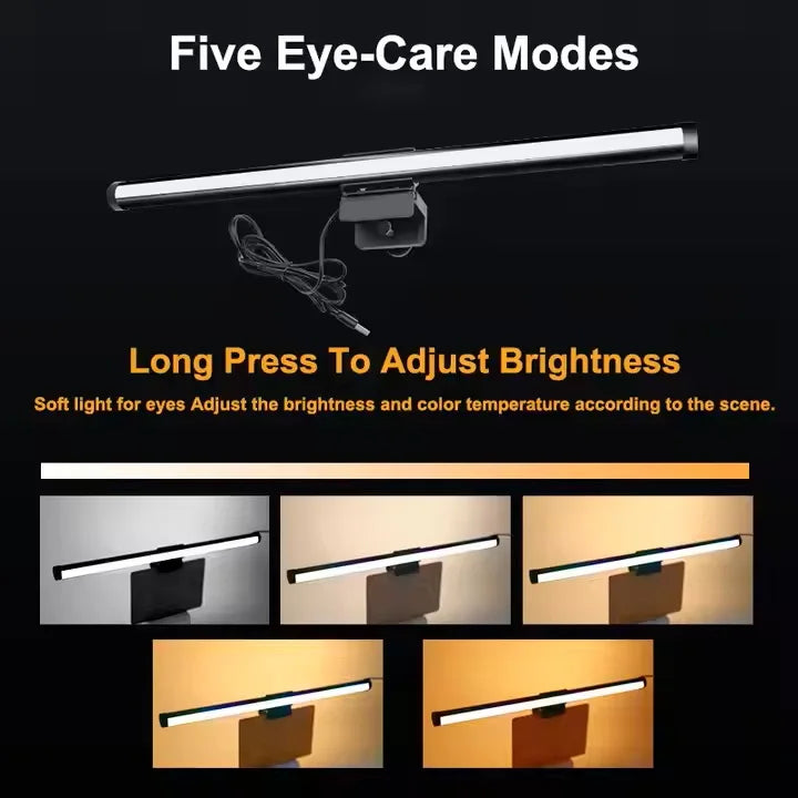 LED strip light with five eye-care modes and brightness adjustment on a black background