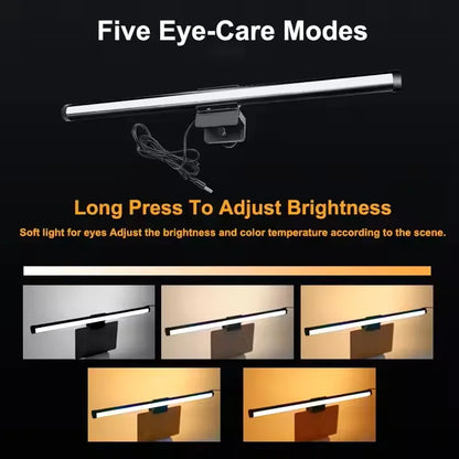 LED strip light with five eye-care modes and brightness adjustment on a black background