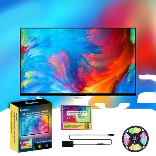 LED screen kit with packaging and components on a colorful abstract background