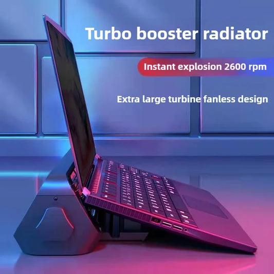 Laptop on a cooling stand with text about turbo booster radiator and fanless design.