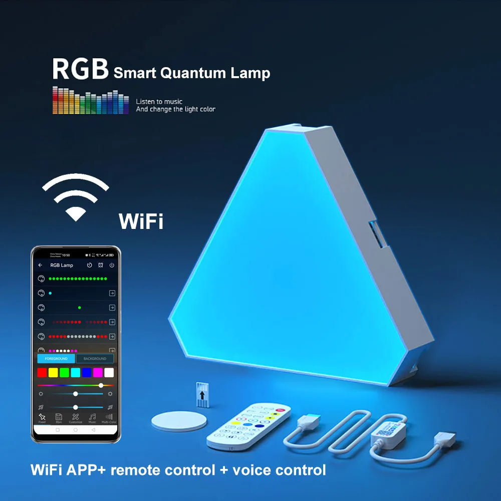 RGB Smart Quantum Lamp with smartphone app and control devices on a dark blue background