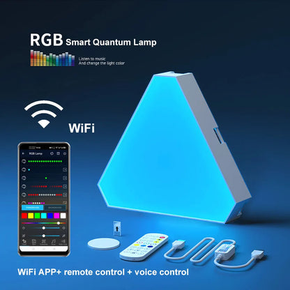 RGB Smart Quantum Lamp with smartphone app and control devices on a dark blue background