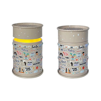 Two cylindrical trash cans with decorative labels on a white background