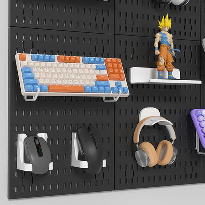 Pegboard with various items including a keyboard, figurine, mouse, and headphones.