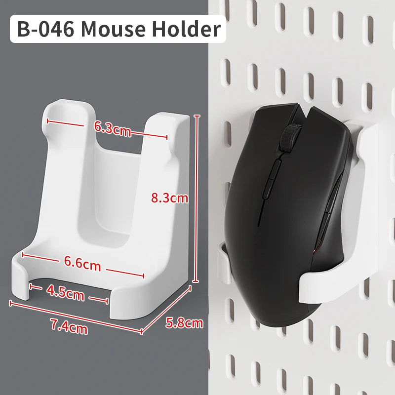 White mouse holder with black mouse, dimensions shown, on a gray background