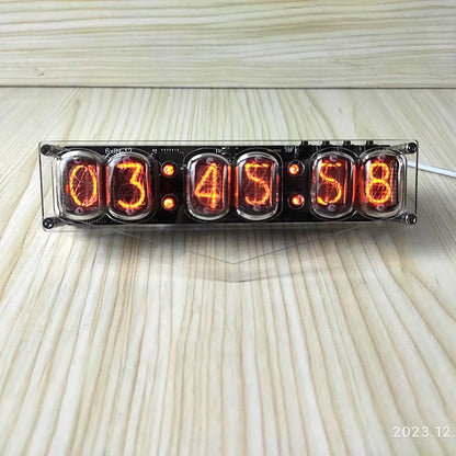 Digital clock with Nixie tube display on a wooden surface