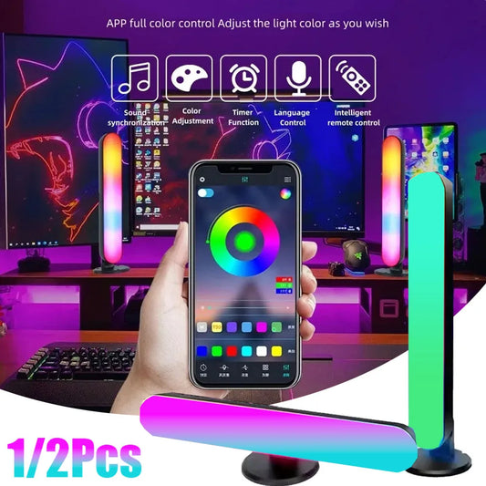 Smartphone app controlling RGB lighting with colorful display and setup interface.