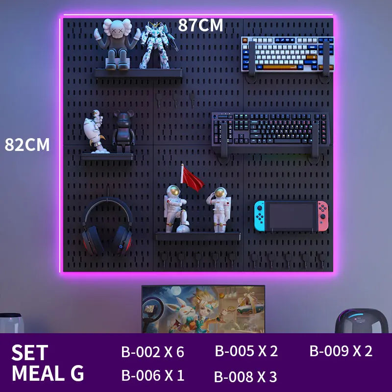 Pegboard with various items including figurines, a keyboard, and gaming console, illuminated by purple LED lights.