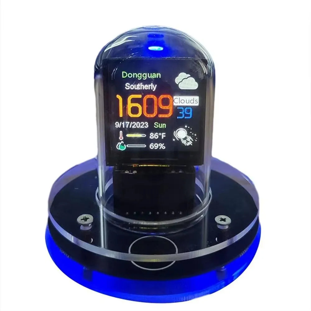 Smart display with weather information on a clear stand against a white background