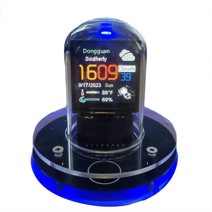 Smart display with weather information on a clear stand against a white background