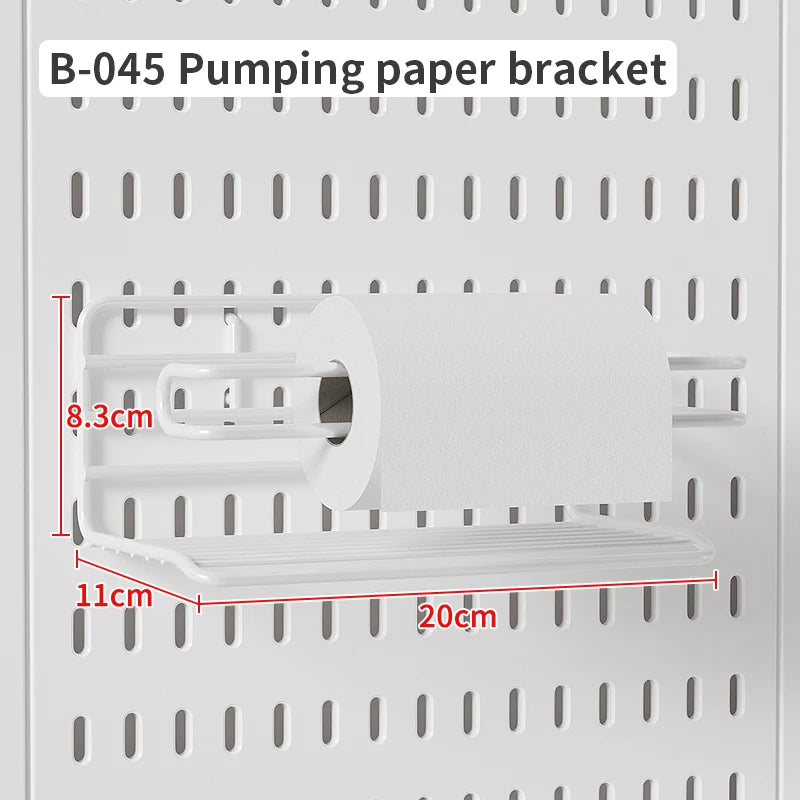 White pumping paper bracket with dimensions on a gray perforated background