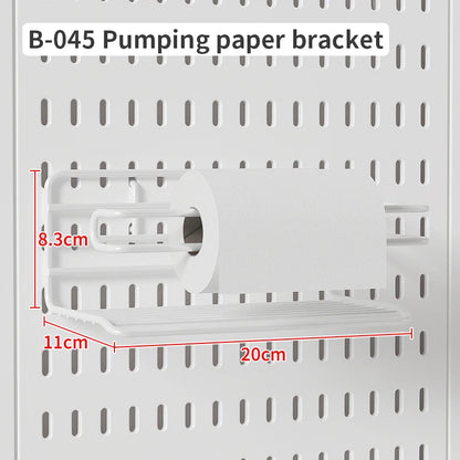 White pumping paper bracket with dimensions on a gray perforated background
