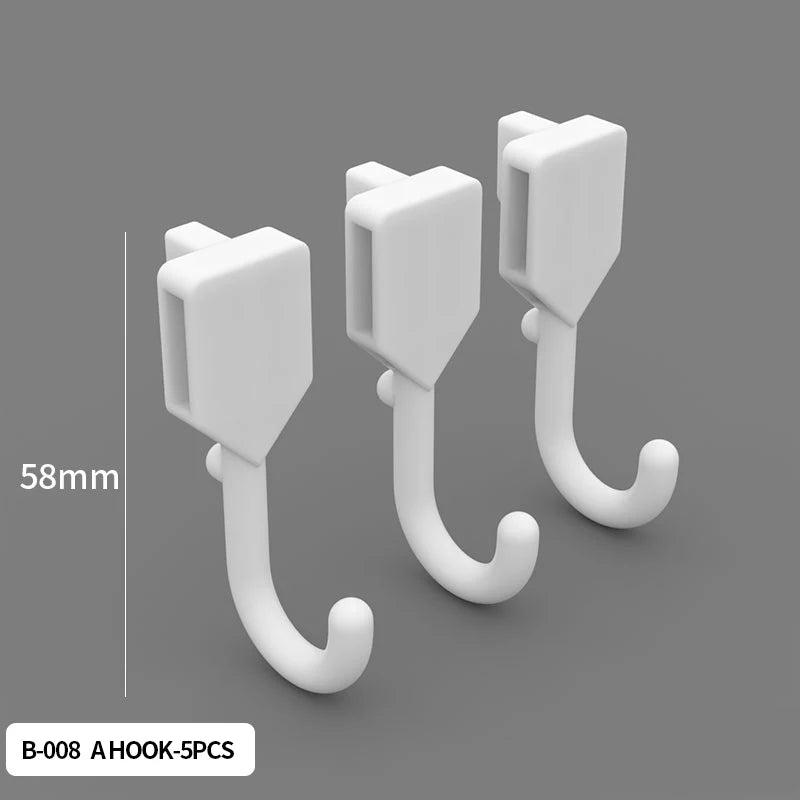 Three white hooks with measurement details on a gray background