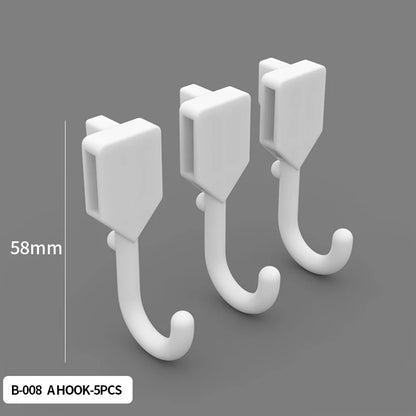 Three white hooks with measurement details on a gray background