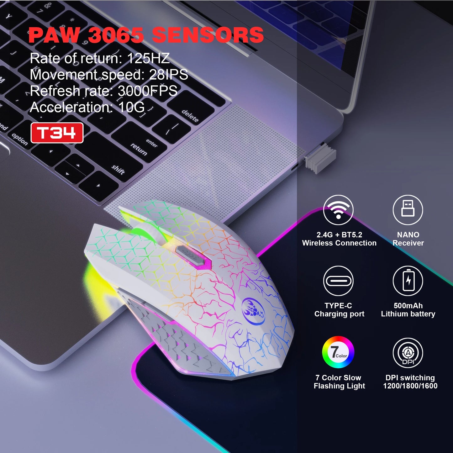 Gaming mouse with colorful LED lights next to a laptop, featuring T34 branding and technical specifications.