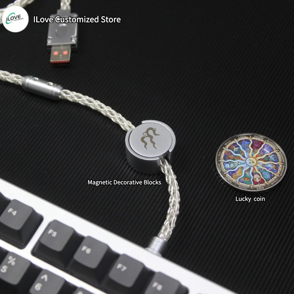 Magnetic decorative blocks and a lucky coin on a keyboard with 'ILove Customized Store' branding.