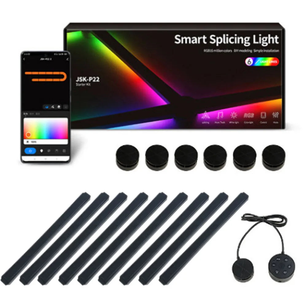Smart splicing light kit with smartphone app, packaging, and components on a white background