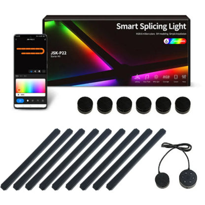 Smart splicing light kit with smartphone app, packaging, and components on a white background