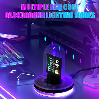 Glowing digital clock on a desk with RGB lighting effects