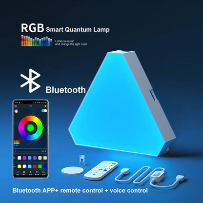 RGB Smart Quantum Lamp with Bluetooth connectivity, smartphone app, remote control, and voice control on a blue background.