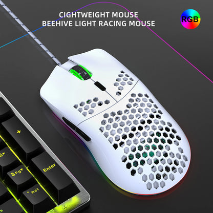 White gaming mouse with honeycomb design on a dark background, next to a keyboard with RGB lighting.