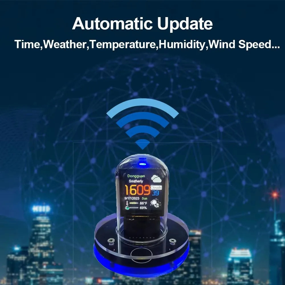 Smart device with digital display on a cityscape background, featuring automatic update capabilities.