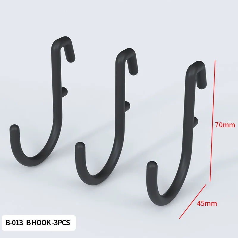 Three black hooks with measurements on a white background