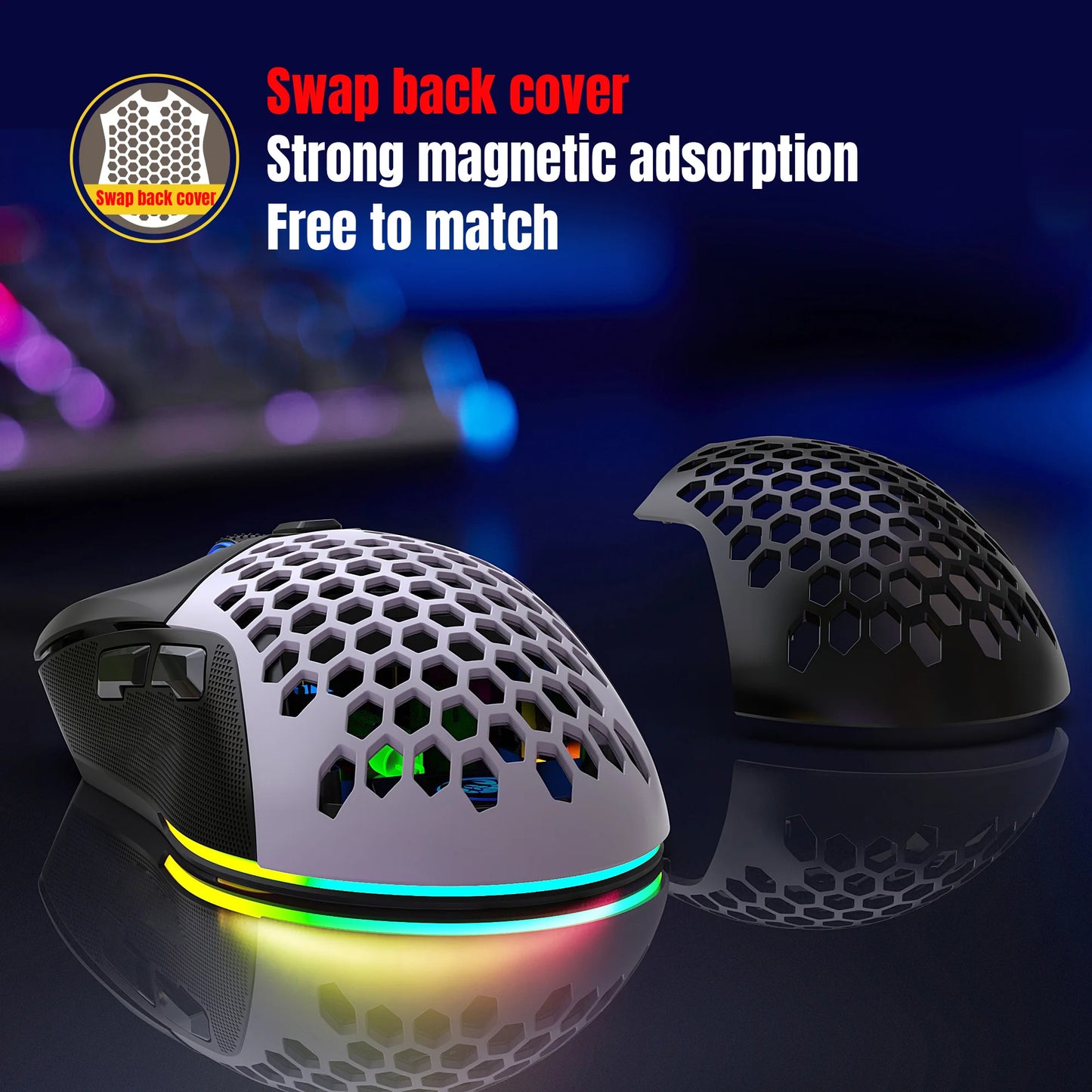 Two computer mice with a focus on magnetic吸附功能, set against a blurred background.