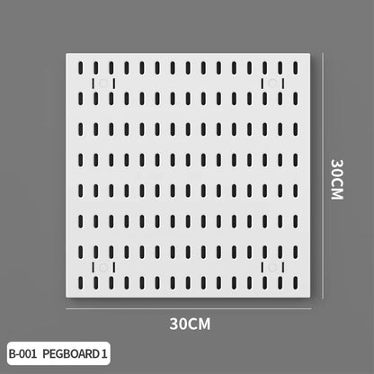 White pegboard with black holes and dimensions on a gray background